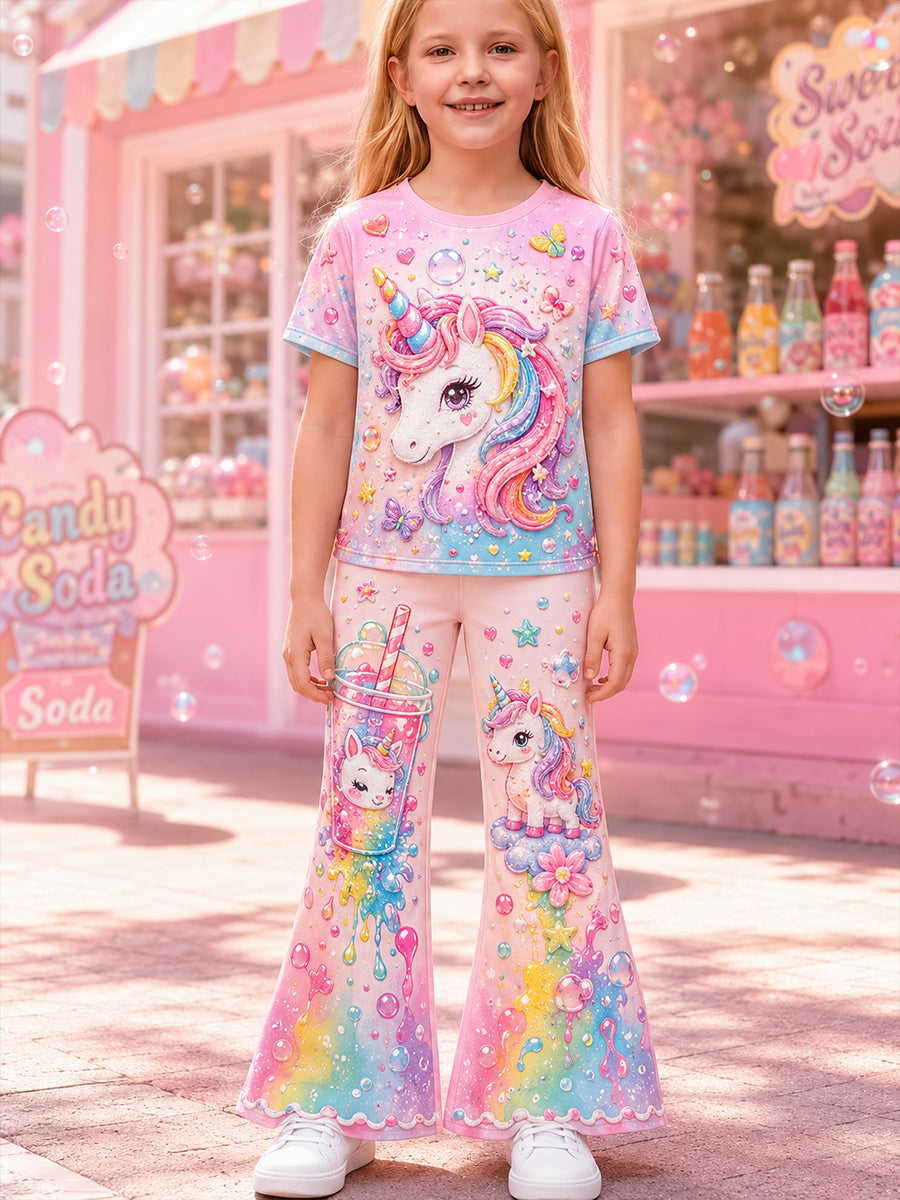 Ensemble t-shirt à manches courtes arc-en-ciel pour filles, motif cheval