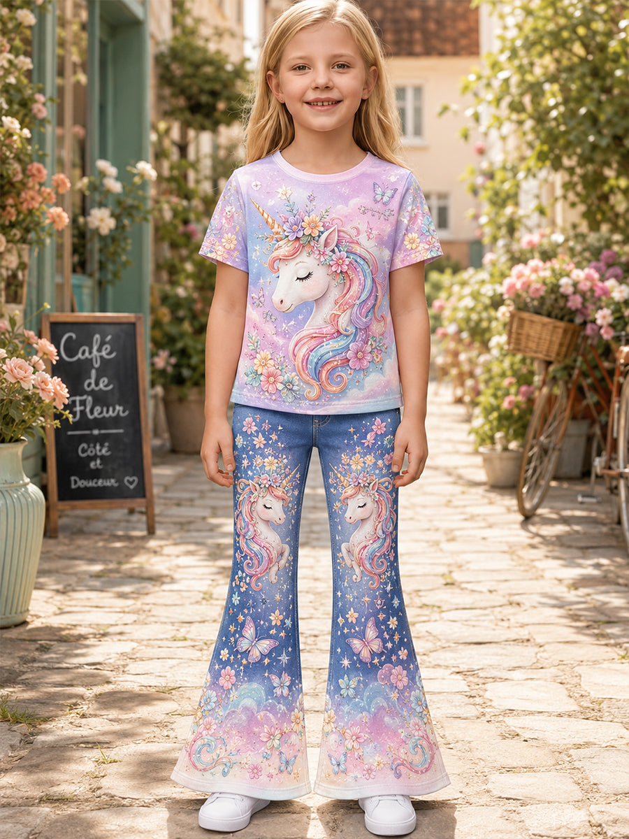 Fille Arc-en-ciel Cheval Manches Courtes Ensemble de Chemise