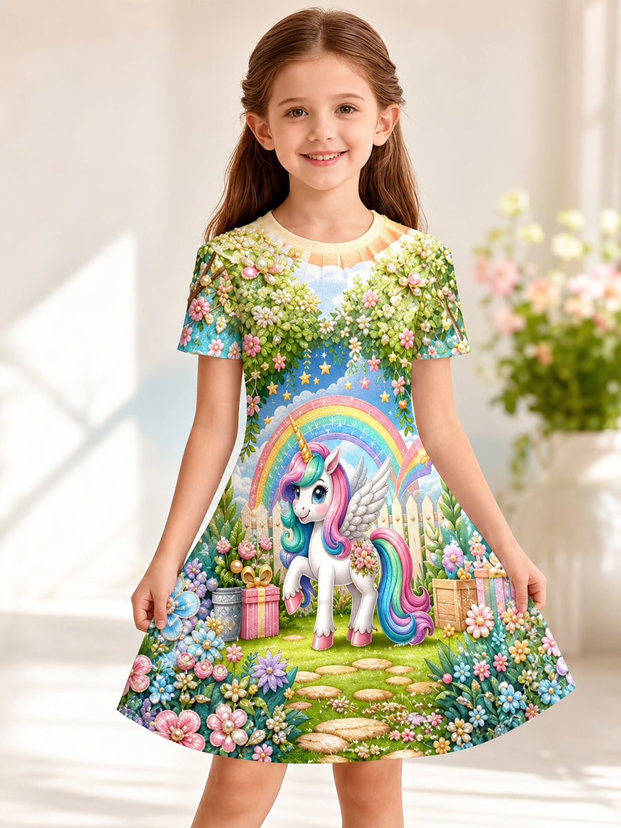 Robe décontractée avec impression artistique d’un cheval arc-en-ciel pour filles