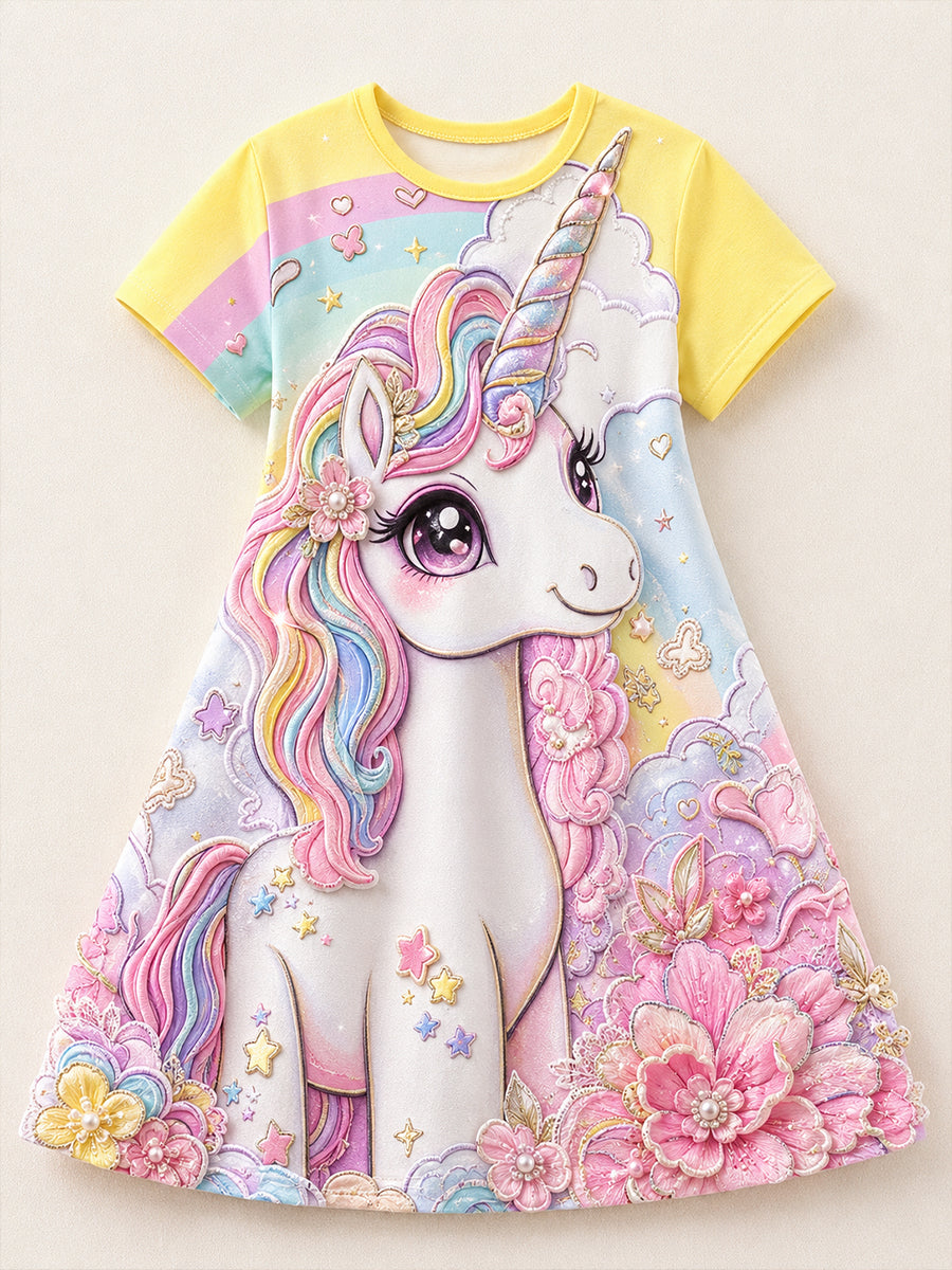 Robe décontractée avec impression artistique d’un cheval arc-en-ciel pour filles