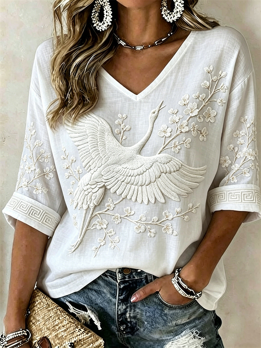 T-shirt à manches mi-longues en lin imprimé art japonais pour femme Grue volante et fleur d'amandier