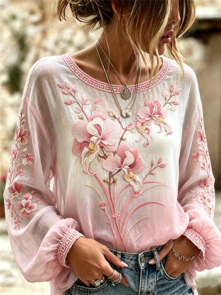 Chemise femme en coton-lin à imprimé d’art japonais, motifs élégants de fleurs d’orchidées dégradées