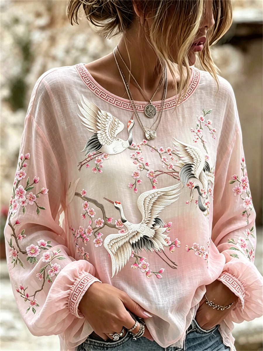 Chemise en coton-lin au motif japonais élégant représentant des grues volantes et des fleurs de cerisier pour femme