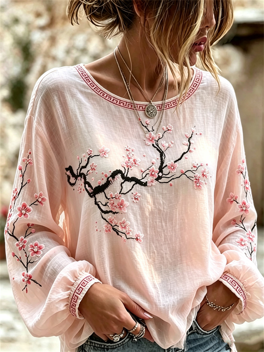Chemise classe en coton-lin à motif japonais de fleurs de cerisier pour femme