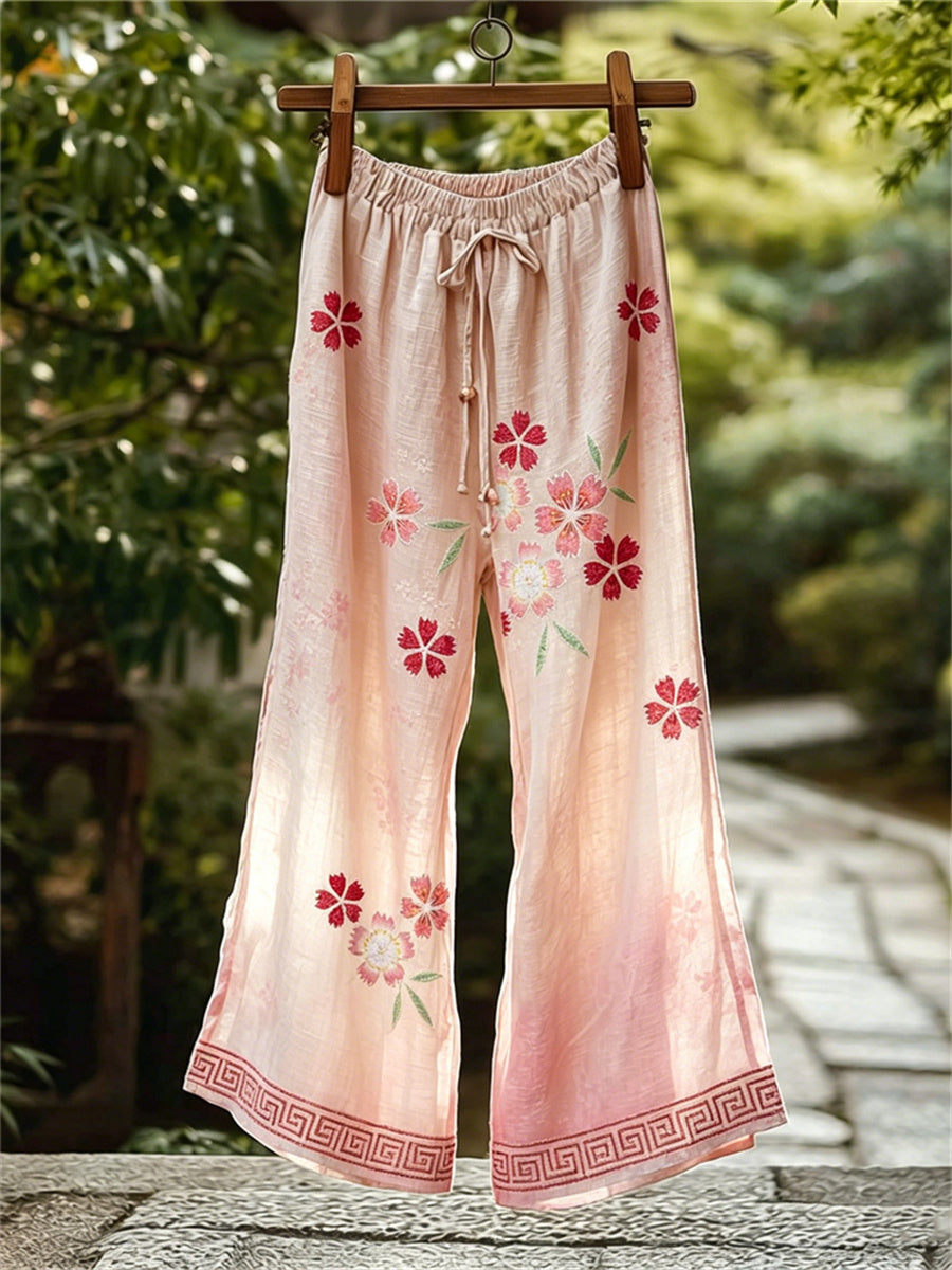 Pantalon en lin à jambes larges et fluides pour femme, imprimé d’art traditionnel japonais aux fleurs de cerisier