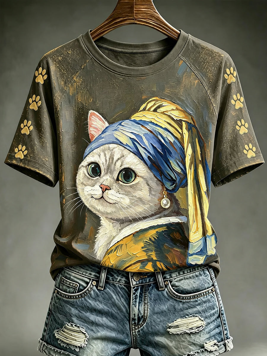 T-shirt vintage à manches courtes et col rond pour femmes