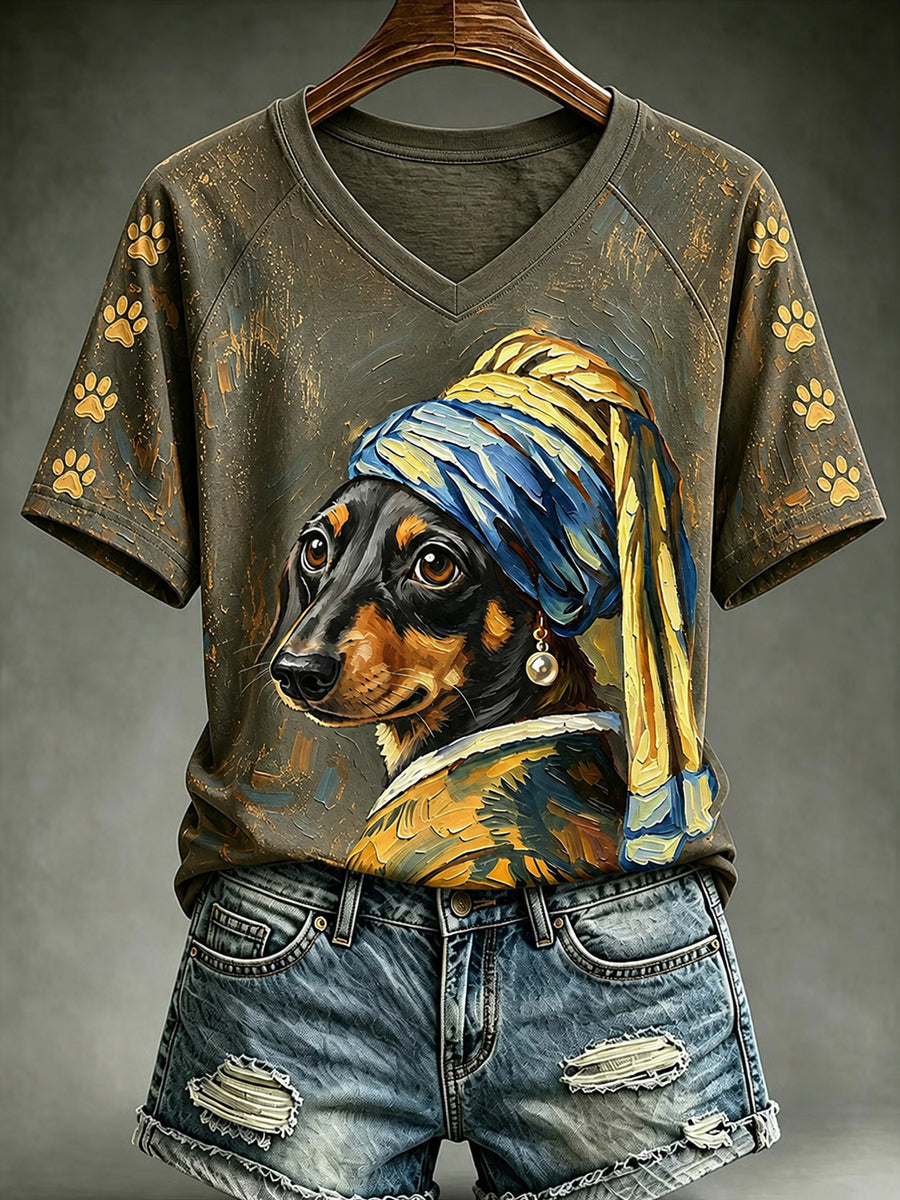 Vintage Cute Dog V-cou Off-épaule T-shirt à manches courtes pour femmes