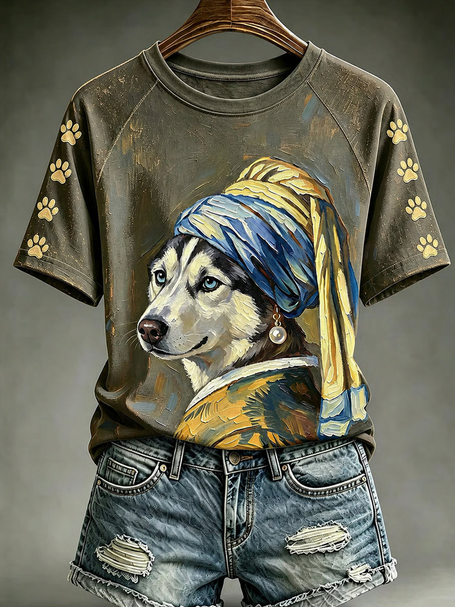 T-shirt à manches courtes col rond pour femmes Vintage Cute Dog