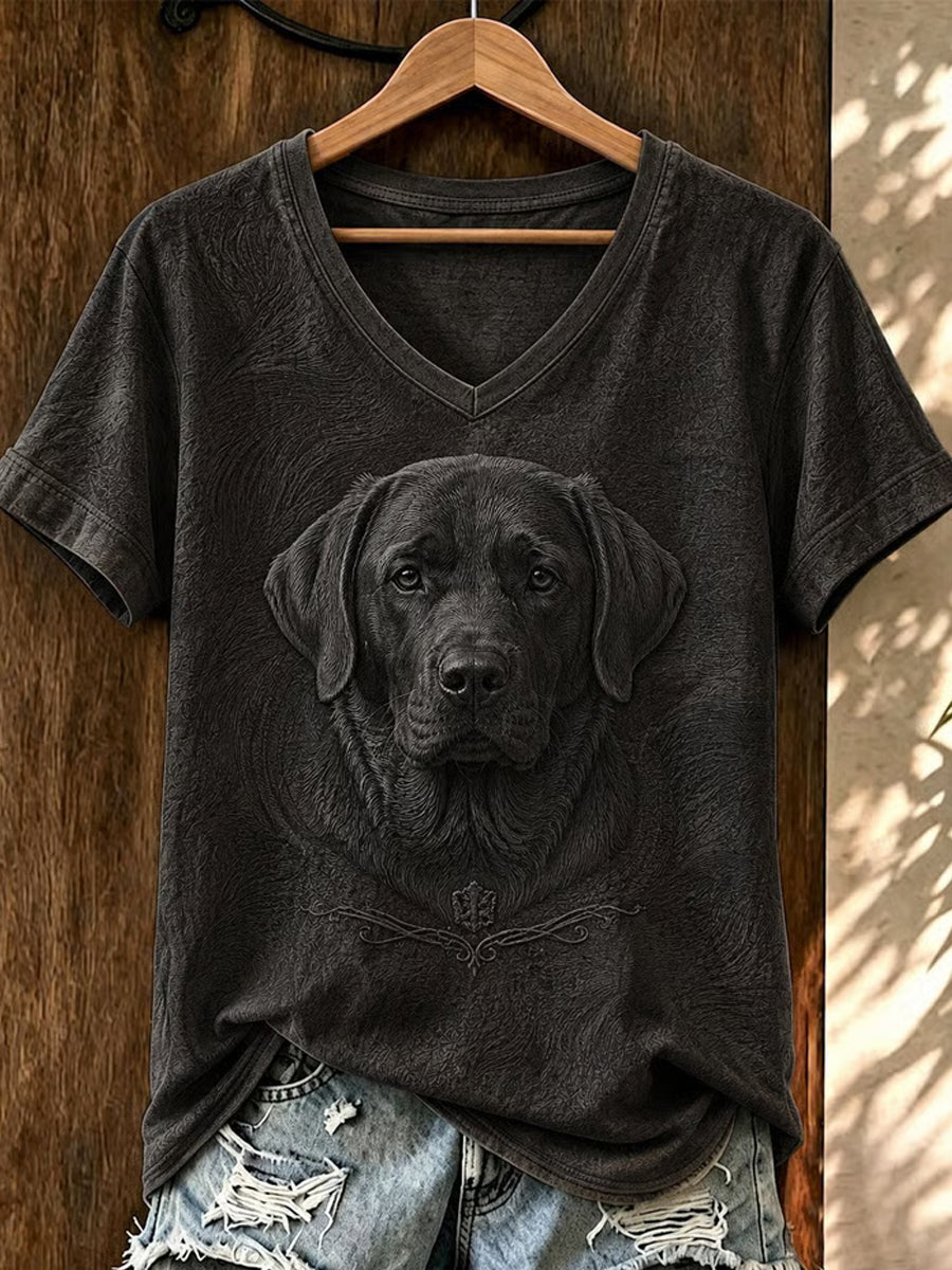 T-shirt vintage pour femme à col en V et manches courtes, motif chien