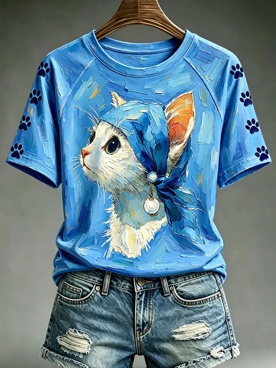 T-shirt vintage pour femme à col rond et manches courtes, motif mignon de chat
