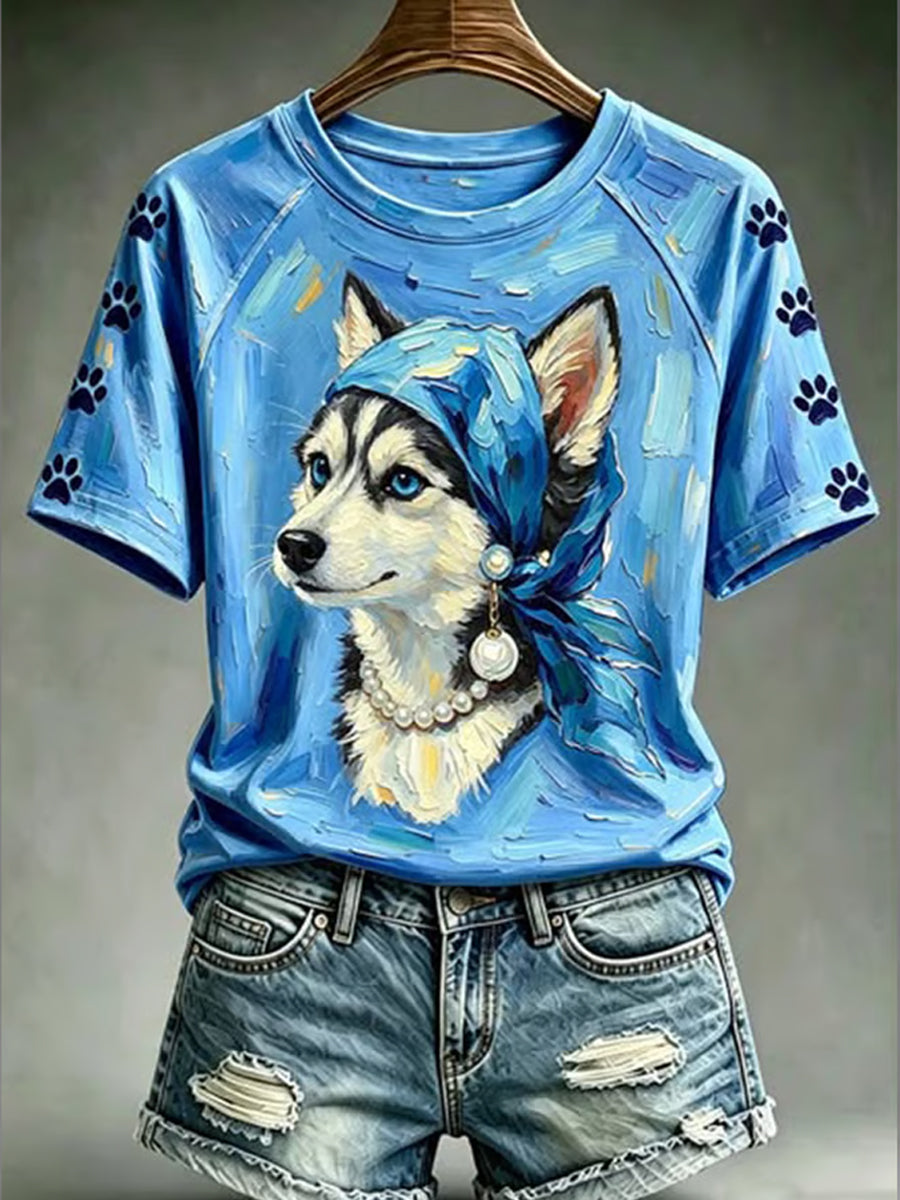 Femme Vintage Funny Dog Round Neck T-shirt à manches courtes