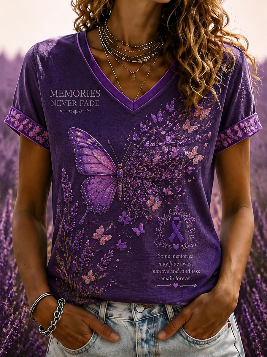 T-shirt à col en V imprimé d’art Flora violet pour femme