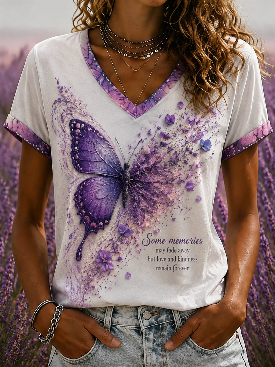 T-shirt à col en V imprimé d’art Flora violet pour femme