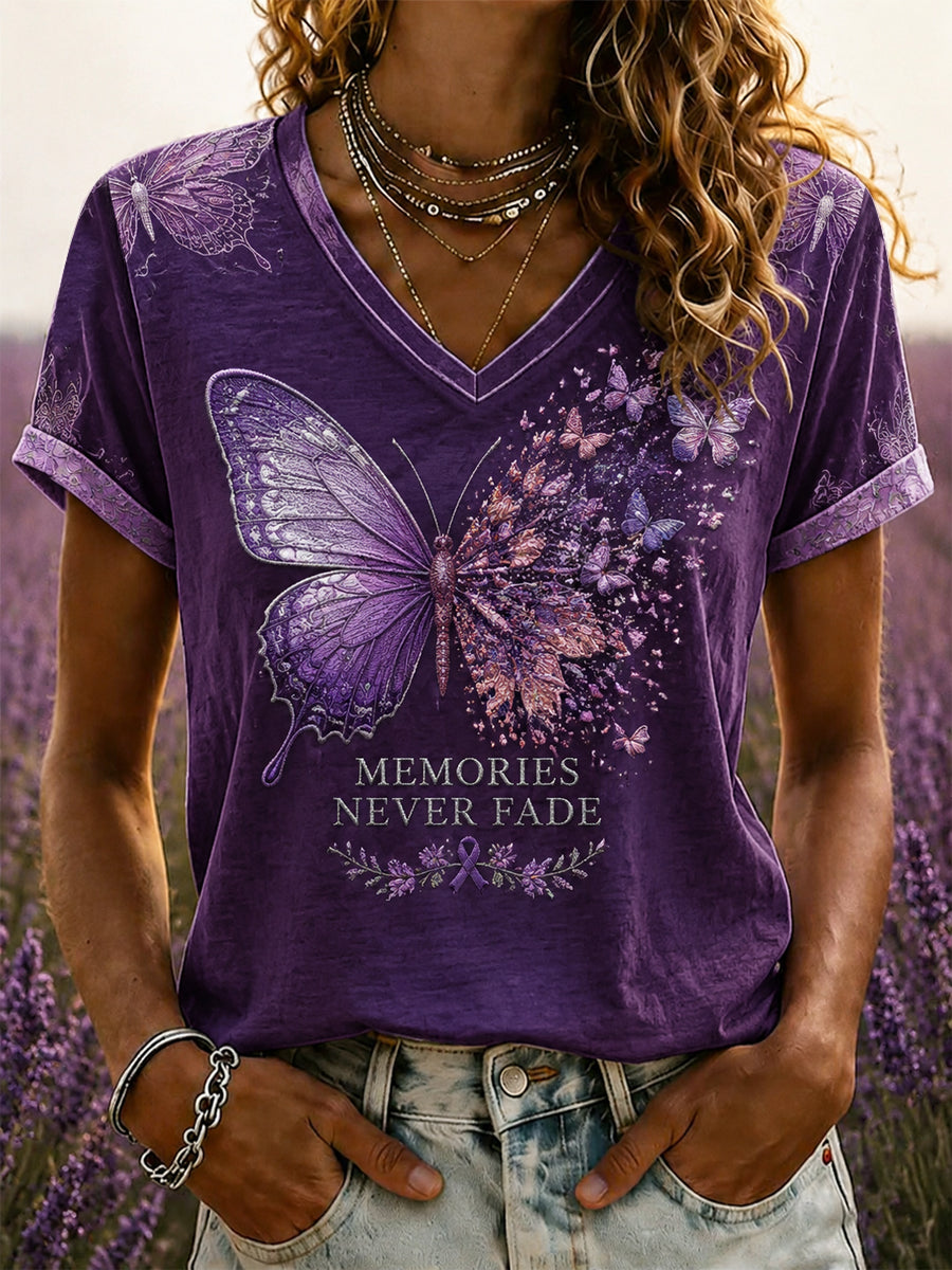T-shirt à col en V imprimé d’art Flora violet pour femme