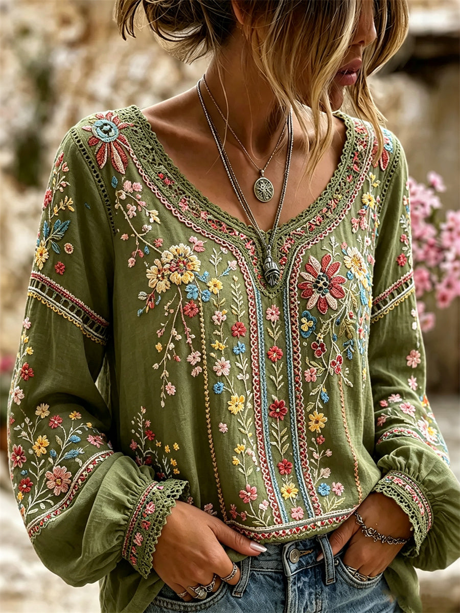 Chemise Femme Vintage Boho Floral Art Imprimé Coton-Lin
