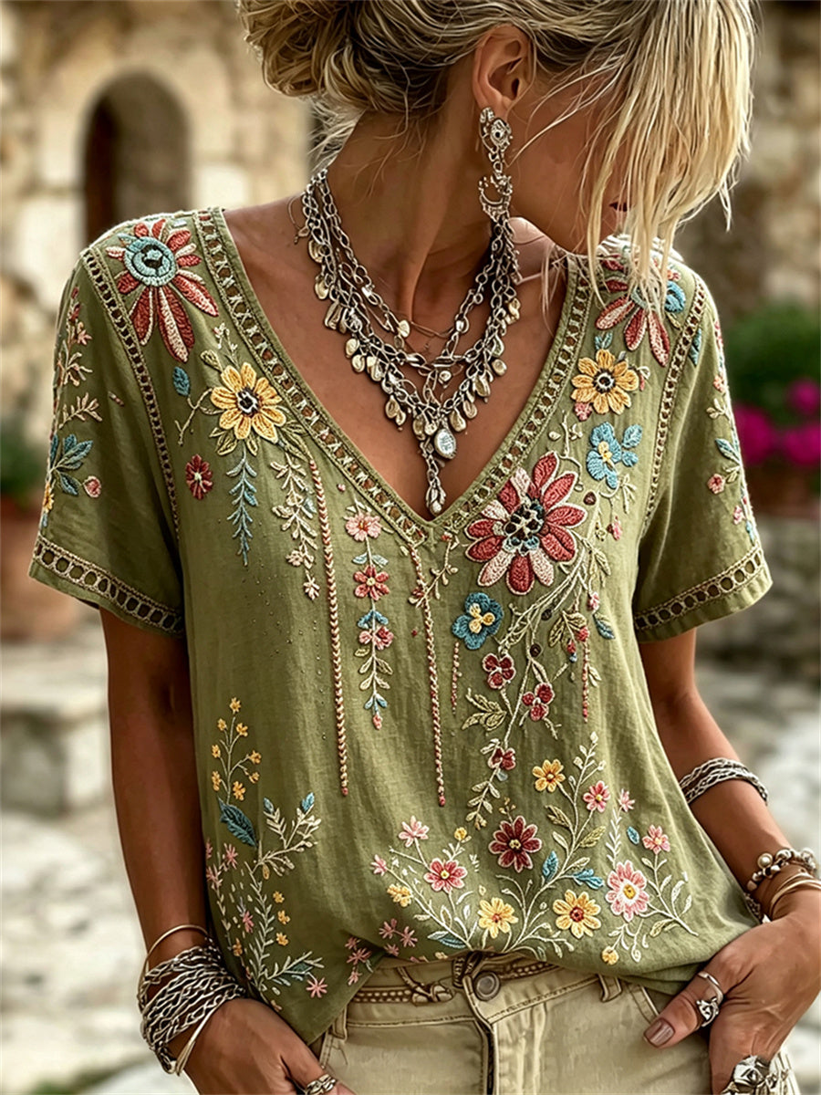 Vintage Boho Floral Art Print lin à manches courtes T-shirt femme