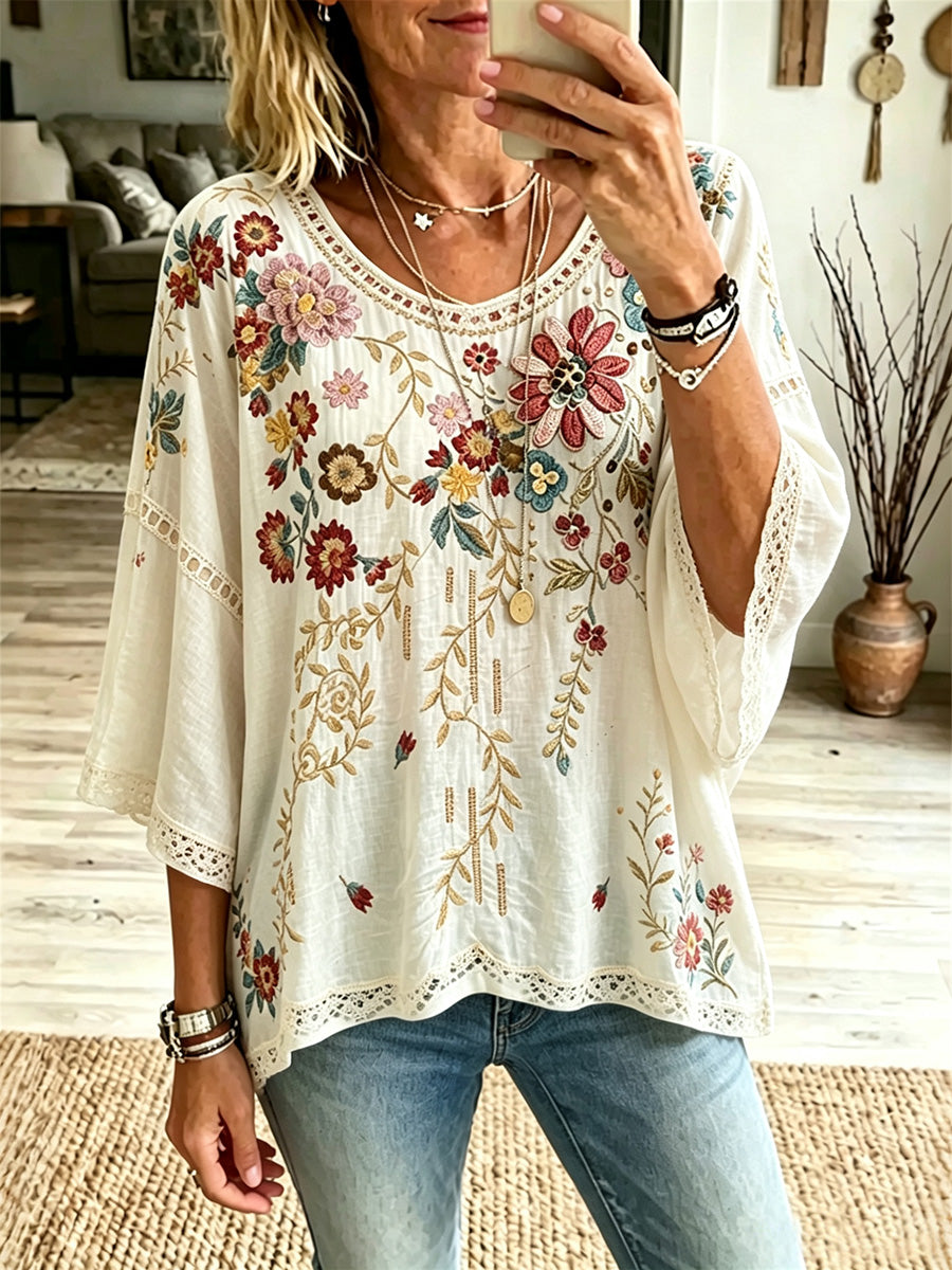 Vintage Boho Floral Art Print lin mi-manches T-shirt des femmes