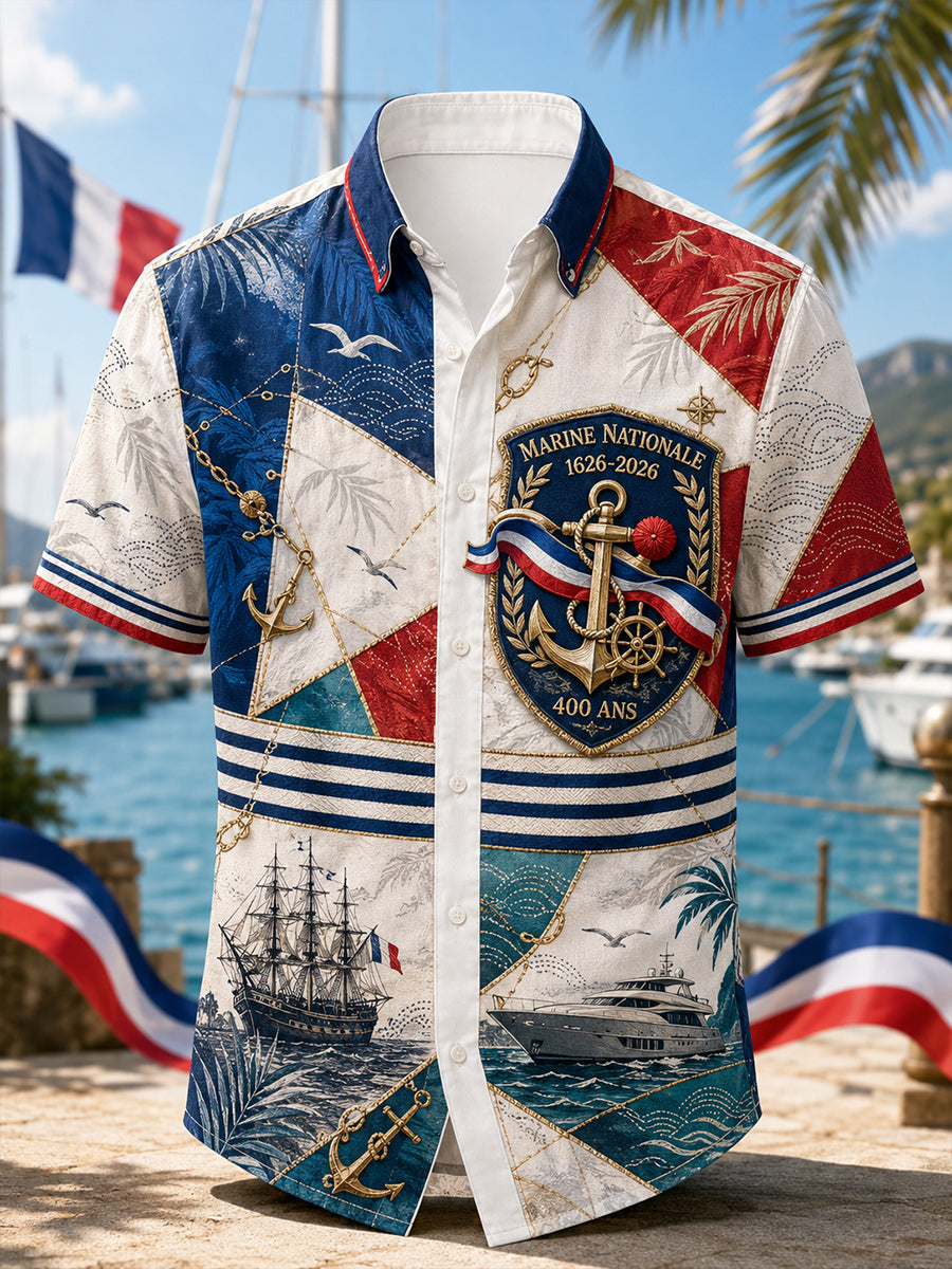 Chemise décontractée pour homme, marine française, manches courtes