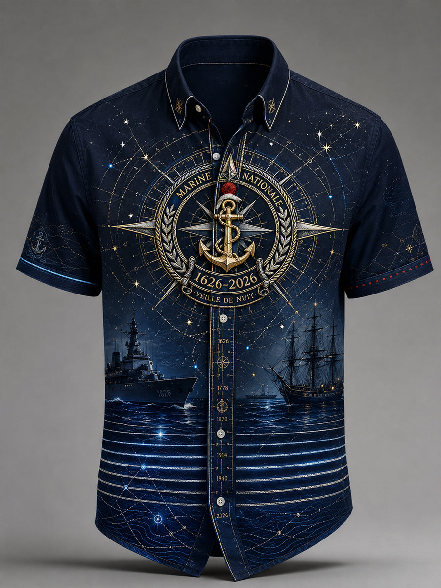 Chemise de plage décontractée pour homme, marine française, manches courtes