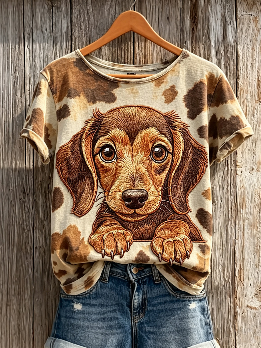 T-shirt à manches courtes pour femme, motif d’impression représentant un teckel et un manteau pour chien