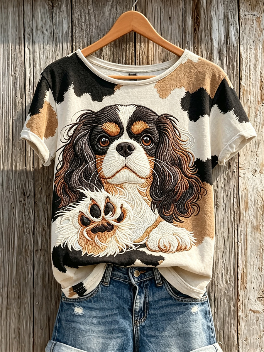 T-shirt à manches courtes pour femme, motif imprimé de chien et manteau du roi Charles‑Spaniel