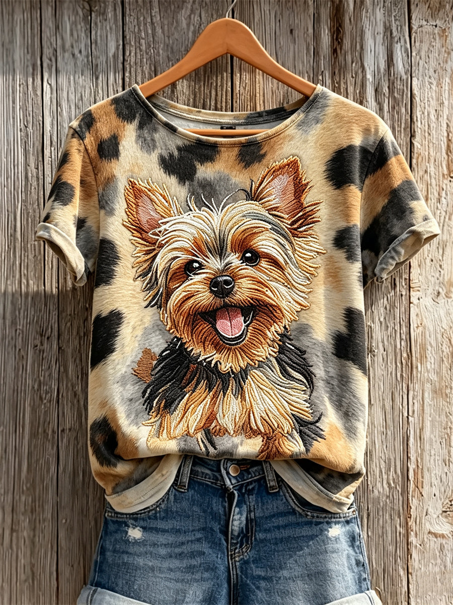 T-shirt à manches courtes imprimé pour femmes, motif manteau de Yorkshire terrier et chien