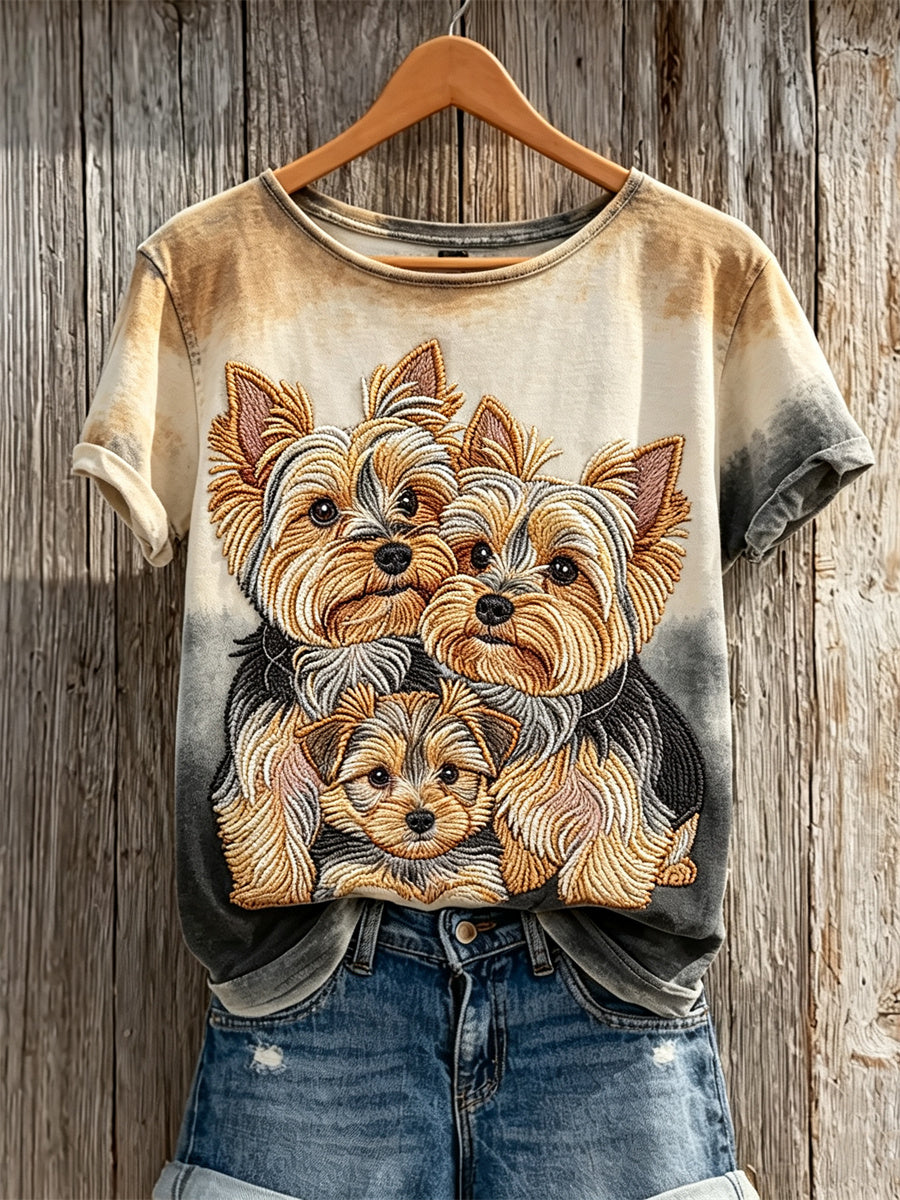 T-shirt à manches courtes pour femmes, motifs Yorkshire terrier et manteau de chien, imprimé dégradé
