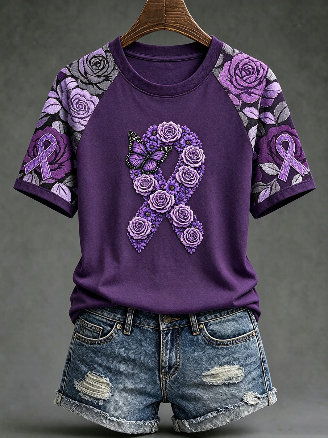 T-shirt décontracté à manches courtes imprimé sur le thème de la sensibilisation à la maladie d’Alzheimer chez les femmes