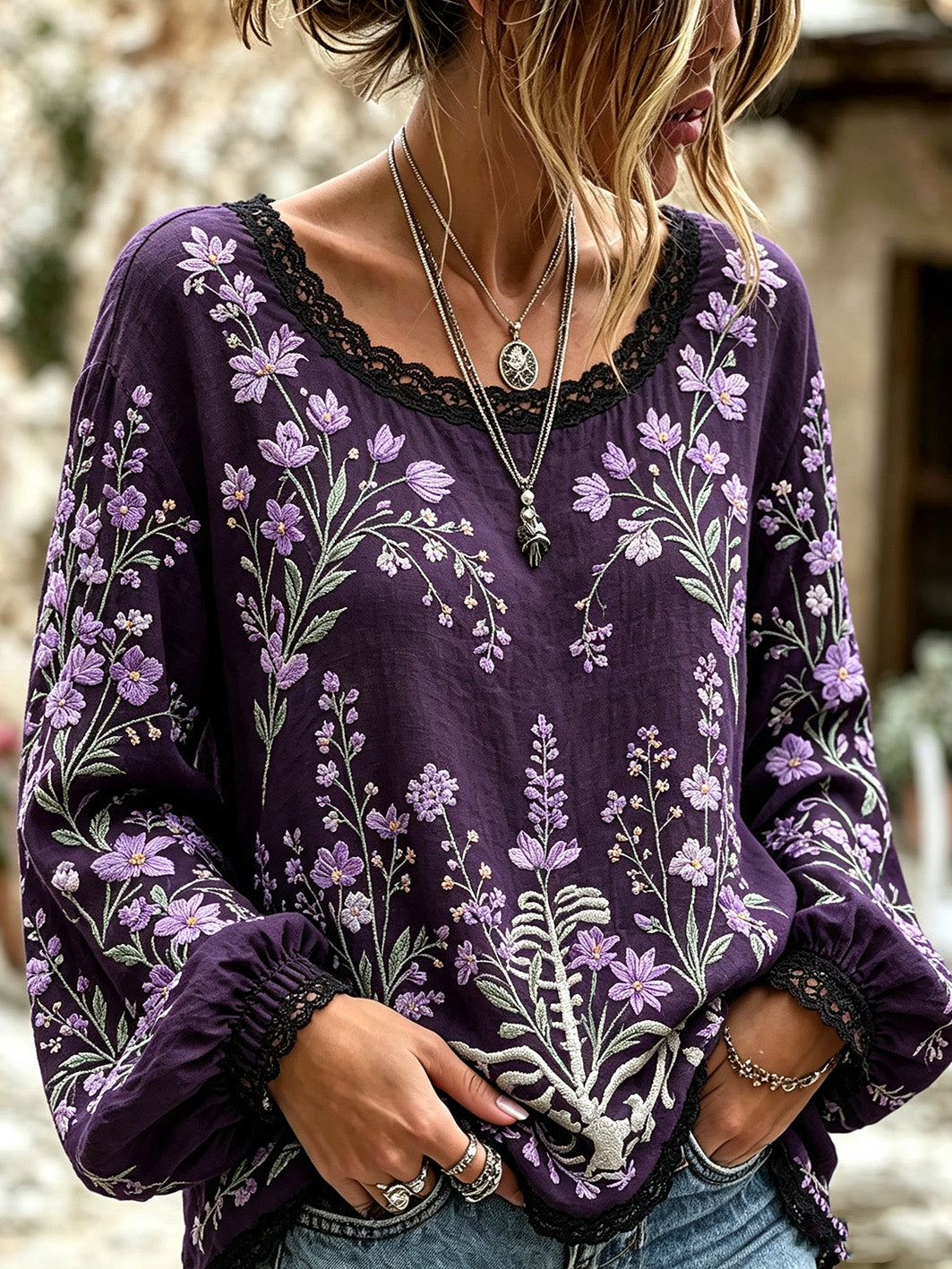 Chemise Femme Motif De Fleurs Violet Imprimé Coton-Lin