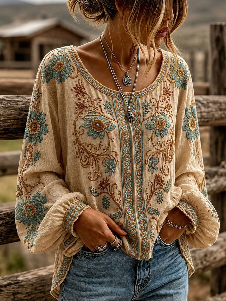 Chemise occidentale en coton et lin à fleurs pour femme