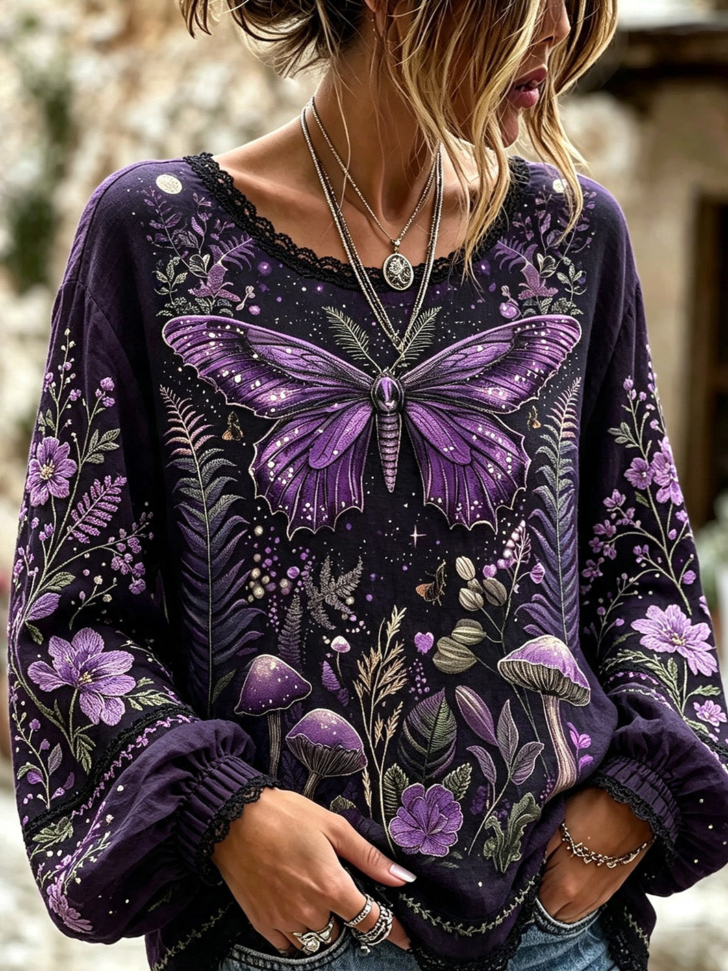 Chemise en lin et coton imprimé à motif de fleurs et papillon