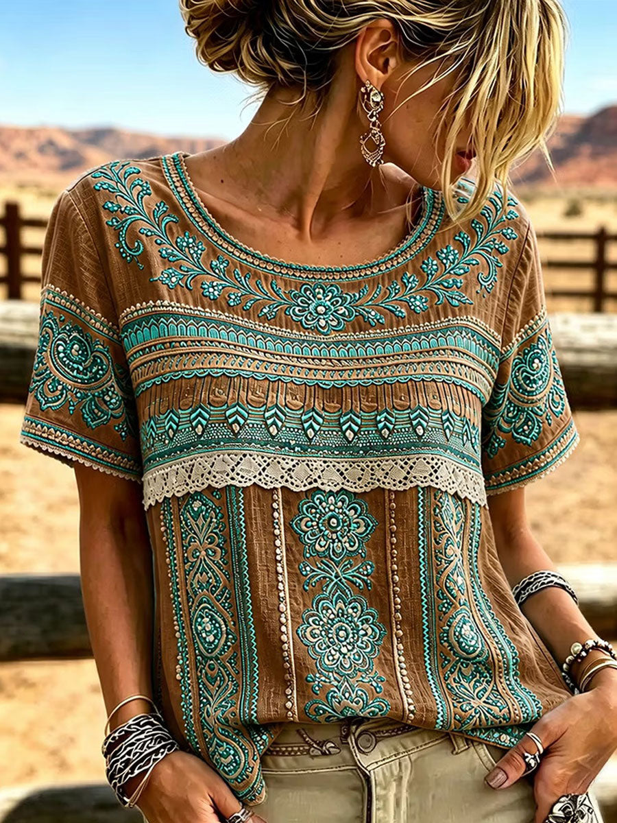 Chemise occidentale en coton et lin à fleurs pour femme