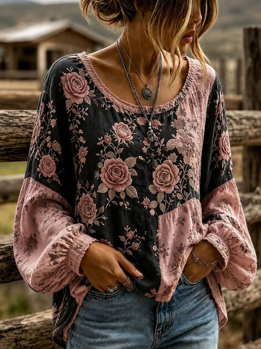 Chemise occidentale en coton et lin à fleurs pour femme