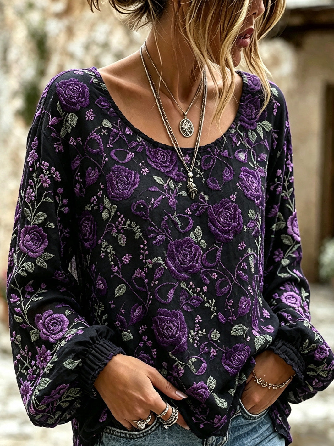 Chemise en coton-lin pour femme, imprimée de motifs floraux violets