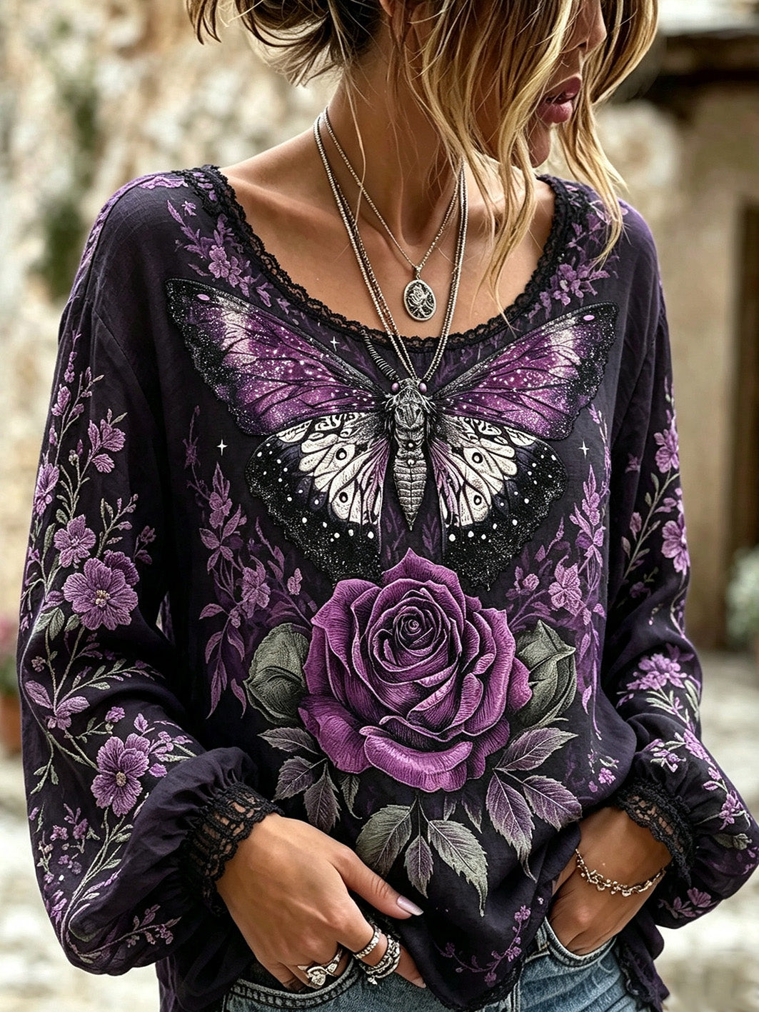 Chemise en coton et lin imprimé à motif de fleurs et de plantes pour femmes