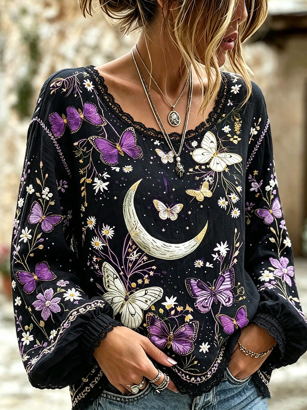 Chemise Femme Imprimé Motif Papillon Et Fleurs Coton-Lin