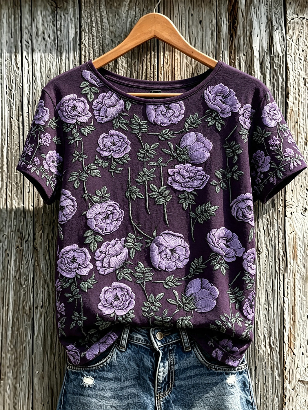 T-shirt à manches courtes pour femme, imprimé de motifs floraux violets