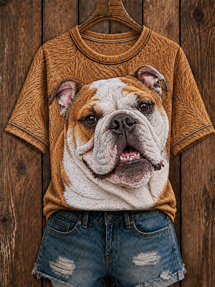 T-shirt à manches courtes col rond Art Bulldog anglais mignon pour femmes
