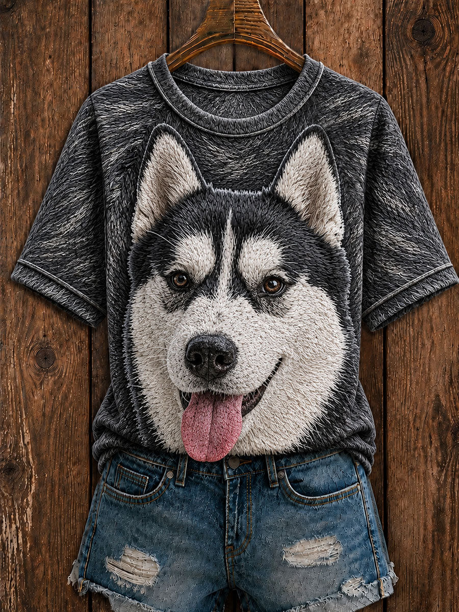 Mignon Husky Art col rond manches courtes T-shirt des femmes