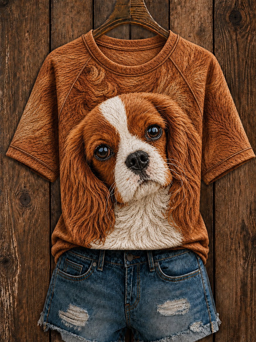 T-shirt femme mignon à col rond et manches courtes, motif cavalier king charles spaniel