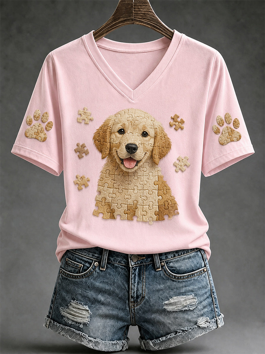T-shirt col V pour femmes avec imprimé pièce de puzzle et chien
