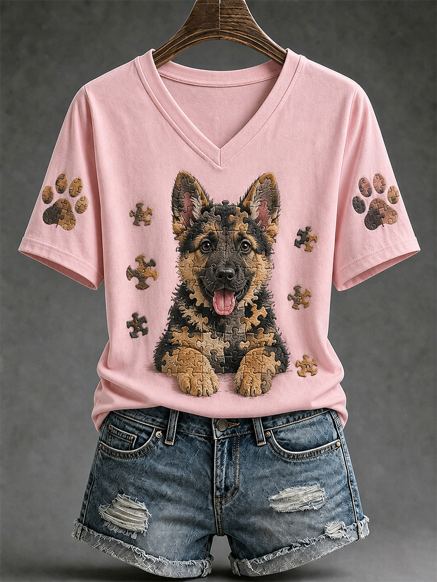 Tee-shirt Femme Puzzle Piece Dog Print V-Neck