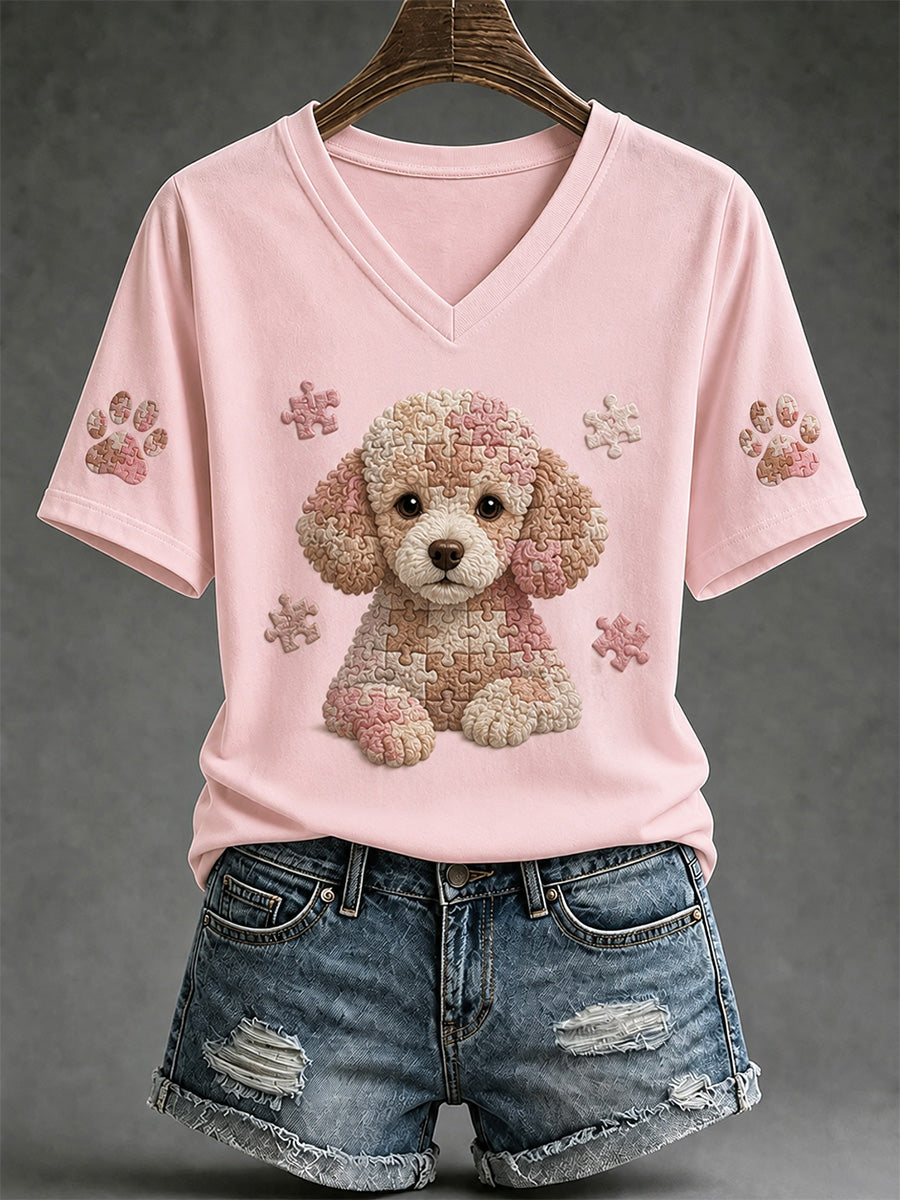 T-shirt col V pour femmes avec imprimé pièce de puzzle et chien