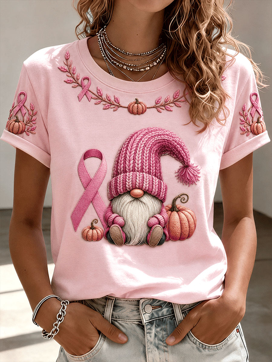 Sensibilisation au cancer du sein pour femmes Bonnet rose Gnome T-shirt à manches courtes