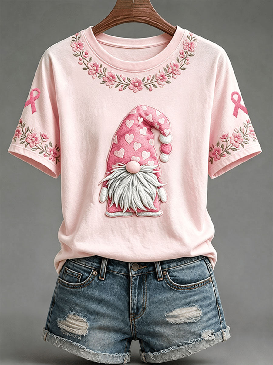 Women's Breast Cancer Awareness Pink Hat Gnome T-shirt à manches courtes