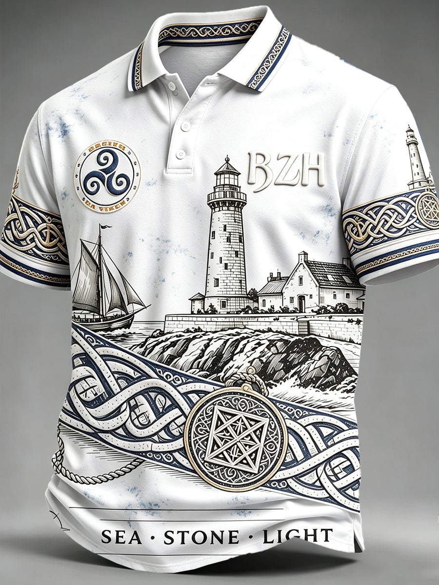 Polo décontracté blanc pour homme, imprimé phare, style breton