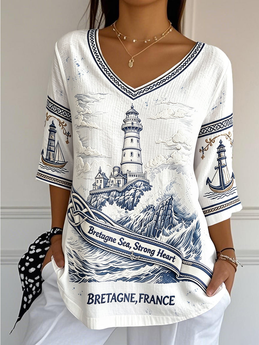 T-shirt femme blanc en coton-lin, col en V, motif phare de Bretagne