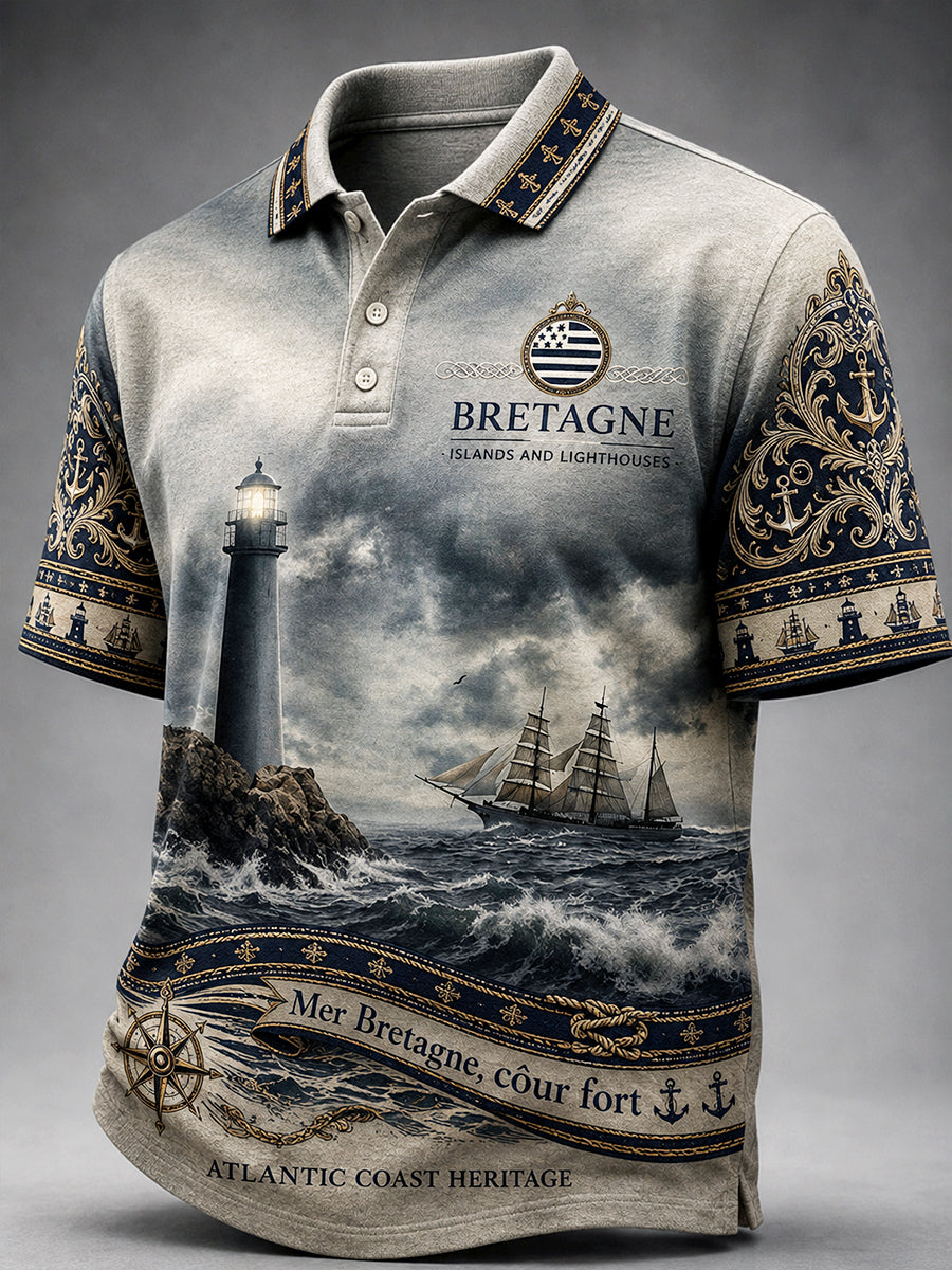 Polo décontracté pour homme, imprimé nautique représentant un phare breton vintage