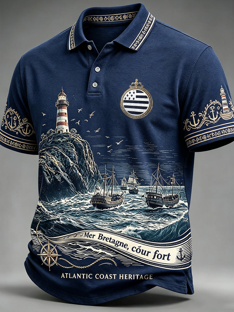 Polo décontracté pour homme, imprimé phare breton français, bleu marine profond