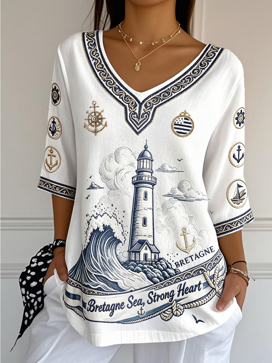 T-shirt femme blanc en coton-lin léger, à col V, imprimé breton français